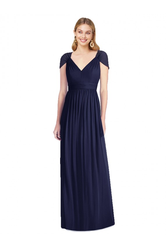 Trumpet V-Neck Soft Chiffon Long Dark Navy Bridesmaid Dress Barrie