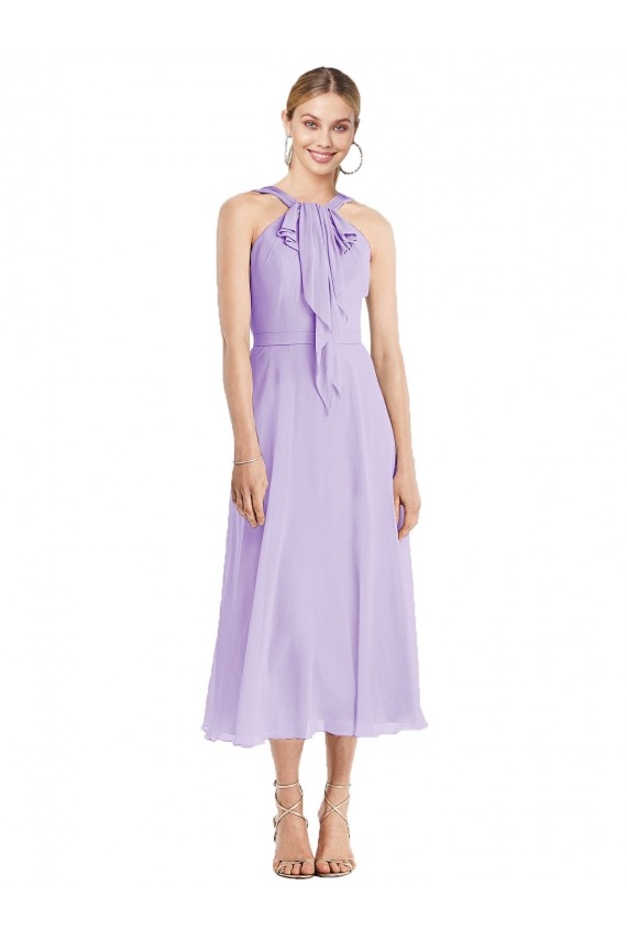 A-Line Halter Neck Soft Chiffon Tea length Lilac Prom Dress / Bridesmaid Dress Barrie