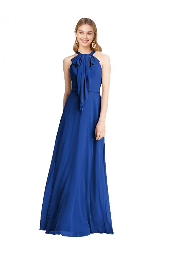 A-Line Halter Neck Soft Chiffon Long Royal Blue Bridesmaid Dress Barrie