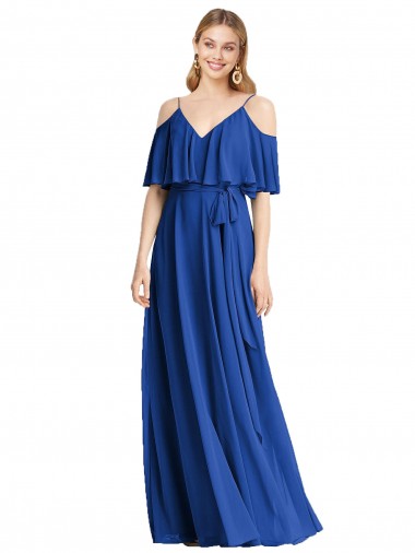 A-Line V-Neck Chiffon Long Royal Blue Bridesmaid Dress Barrie