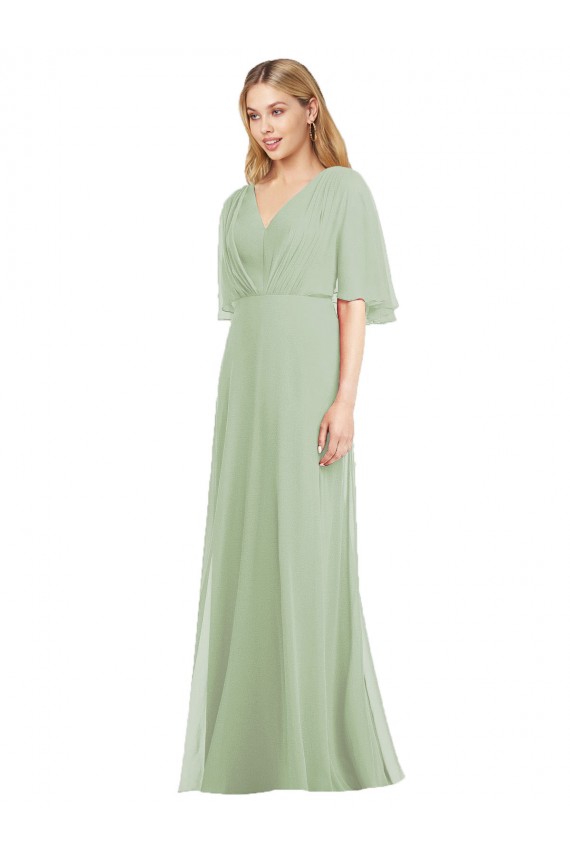 Trumpet V-Neck Soft Chiffon Long Smoke Green Bridesmaid Dress Barrie