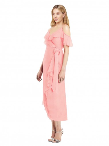 Trumpet V-Neck Soft Chiffon Cocktail Length Salmon High Low Bridesmaid Dress Barrie