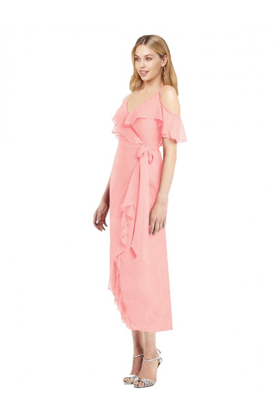 Trumpet V-Neck Soft Chiffon Cocktail Length Salmon High Low Bridesmaid Dress Barrie