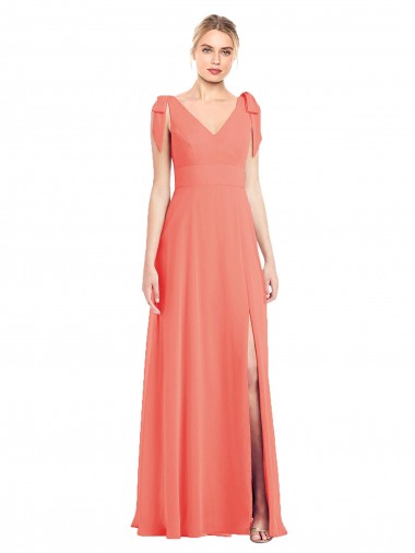 Trumpet V-Neck Soft Chiffon Long Coral Bridesmaid Dress Barrie