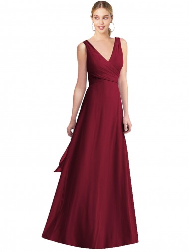 A-Line V-Neck Chiffon Long Floor Length Burgundy Bridesmaid Dress Barrie