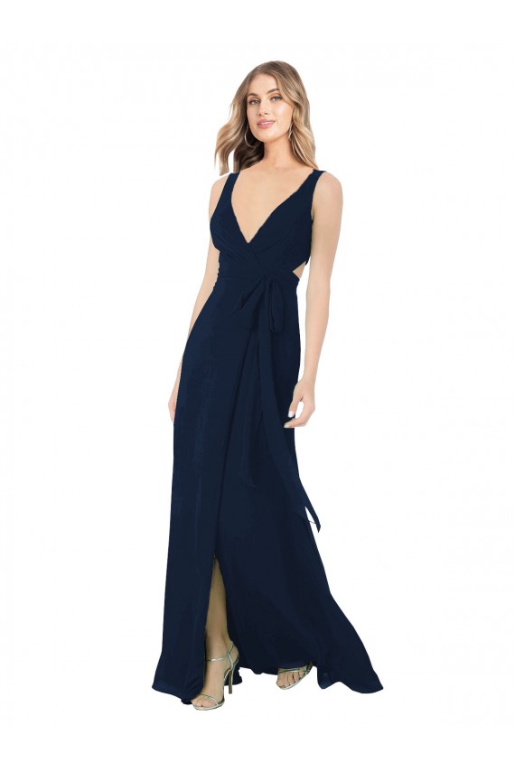 A-Line V-Neck Chiffon Long Dark Navy Bridesmaid Dress / Evening Dress Barrie