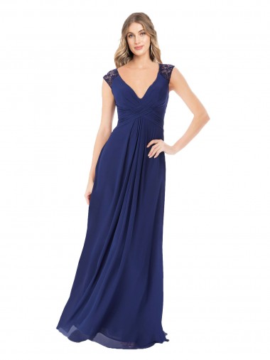A-Line V-Neck Soft Chiffon Long Sapphire Bridesmaid Dress Barrie