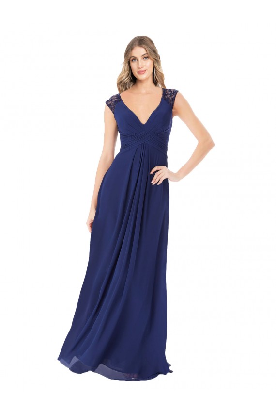 A-Line V-Neck Soft Chiffon Long Sapphire Bridesmaid Dress Barrie
