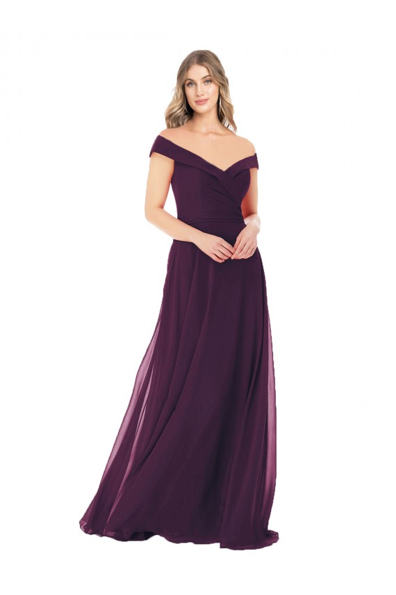 A-Line Off the Shoulder Soft Chiffon Long Grape Bridesmaid Dress Barrie