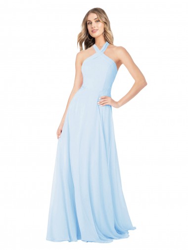 A-Line High Neck Chiffon Long Light Sky Blue Bridesmaid Dress / Evening Gowns Barrie