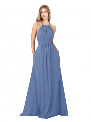 A-Line High Neck Soft Chiffon Long Windsor Blue Bridesmaid Dress Barrie