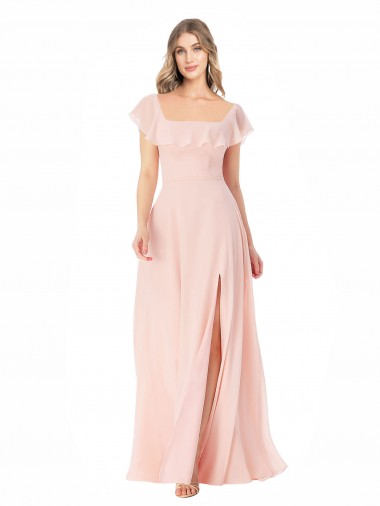 A-Line Square Neck Soft Chiffon Long Pink Formal Dress / Bridesmaid Dress Barrie