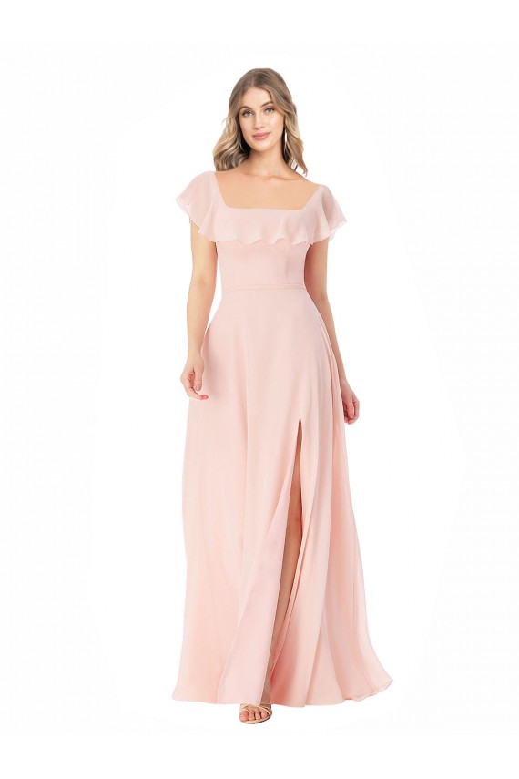 A-Line Square Neck Soft Chiffon Long Pink Formal Dress / Bridesmaid Dress Barrie