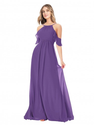 A-Line High Neck Soft Chiffon Long Plum Purple Bridesmaid Dress Barrie