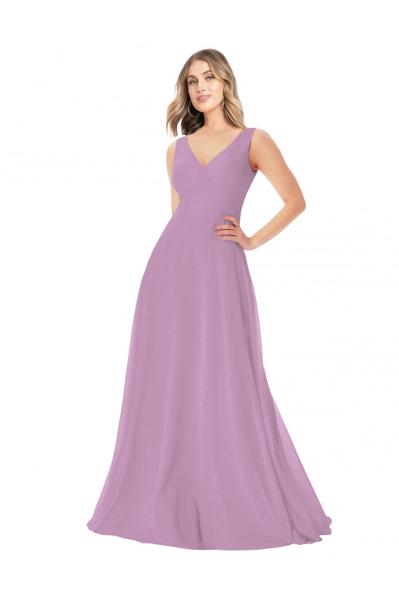 A-Line V-Neck Soft Chiffon Long Dark Lavender Bridesmaid Dress Barrie