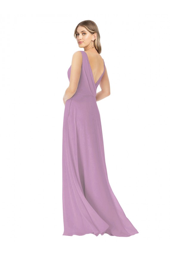 A-Line V-Neck Soft Chiffon Long Dark Lavender Bridesmaid Dress Barrie