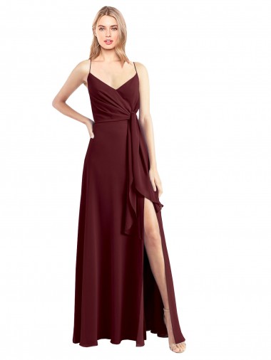 A-Line V-Neck Chiffon Long Floor Length Burgundy Gold Bridesmaid Dress Barrie