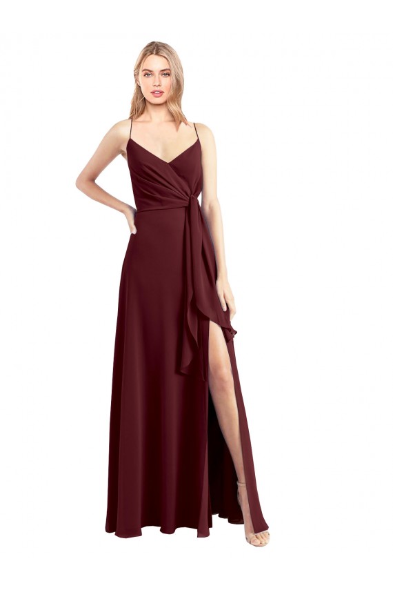 A-Line V-Neck Chiffon Long Floor Length Burgundy Gold Bridesmaid Dress Barrie