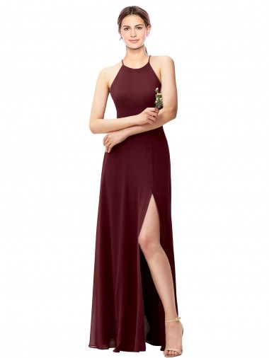 A-Line High Neck Soft Chiffon Long Burgundy Gold Bridesmaid Dress Barrie