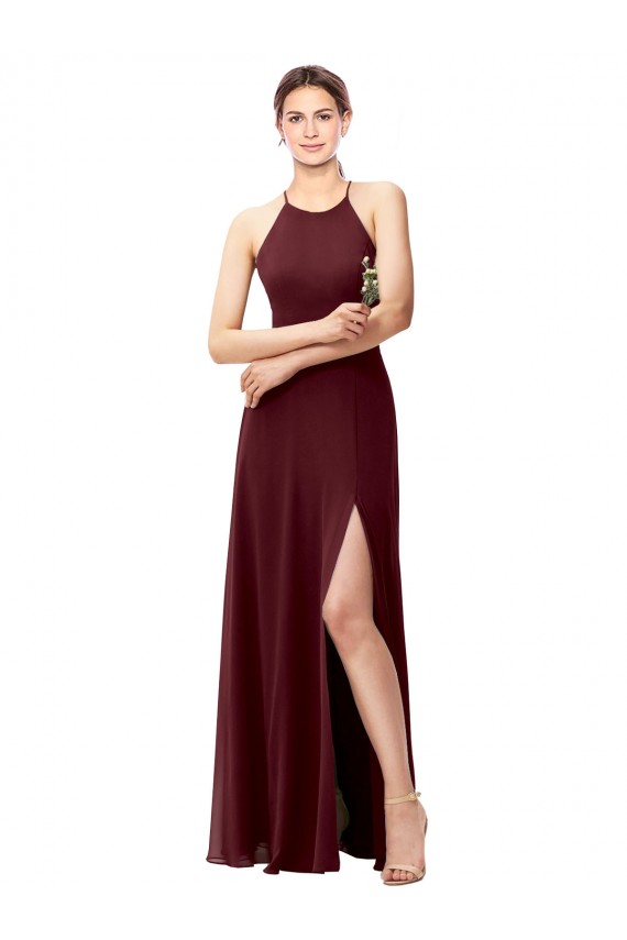 A-Line High Neck Soft Chiffon Long Burgundy Gold Bridesmaid Dress Barrie