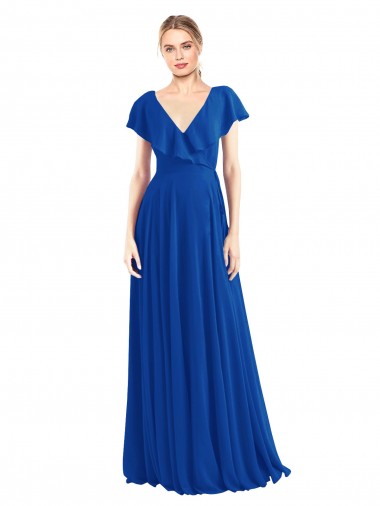 A-Line V-Neck Soft Chiffon Long Royal Blue Bridesmaid Dress Barrie