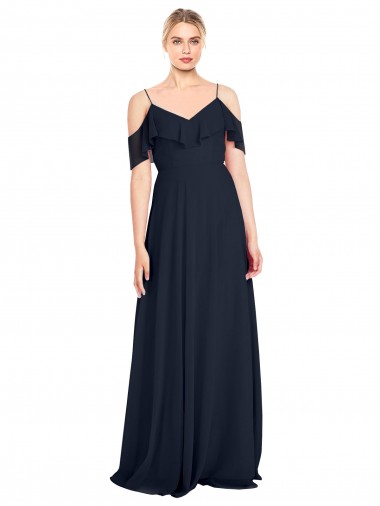 A-Line V-Neck Lxue Chiffon Long Dark Navy Bridesmaid Dress Barrie