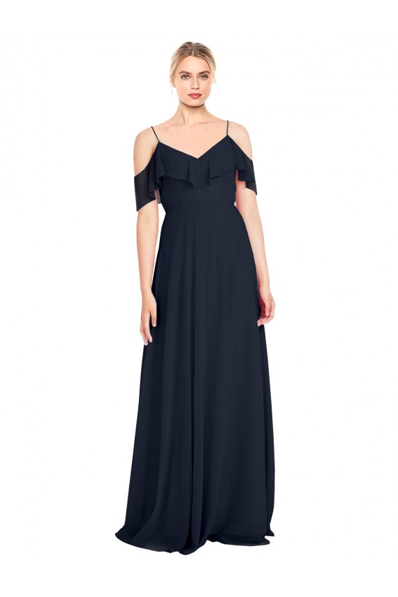 A-Line V-Neck Lxue Chiffon Long Dark Navy Bridesmaid Dress Barrie