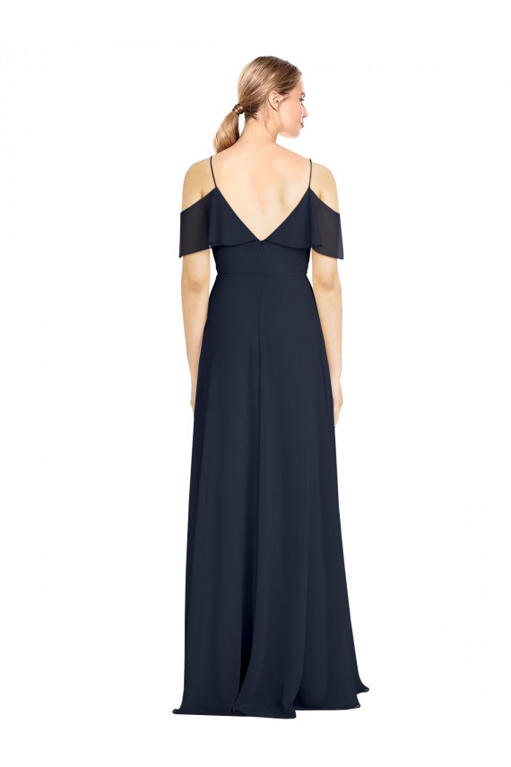 A-Line V-Neck Lxue Chiffon Long Dark Navy Bridesmaid Dress Barrie