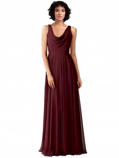 A-Line Cowl Neck Soft Chiffon Long Burgundy Gold Bridesmaid Dress Barrie