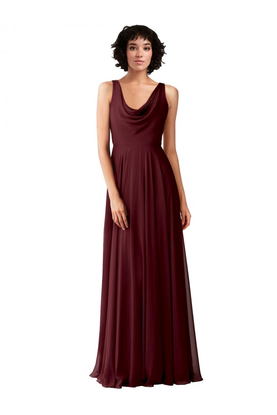 A-Line Cowl Neck Soft Chiffon Long Burgundy Gold Bridesmaid Dress Barrie