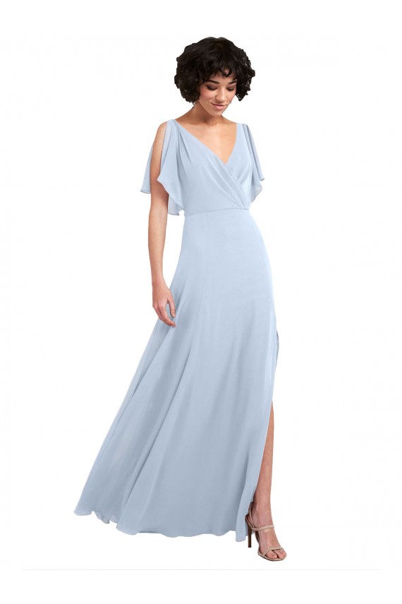 A-Line V-Neck Soft Chiffon Long Light Sky Blue Bridesmaid Dresses Barrie