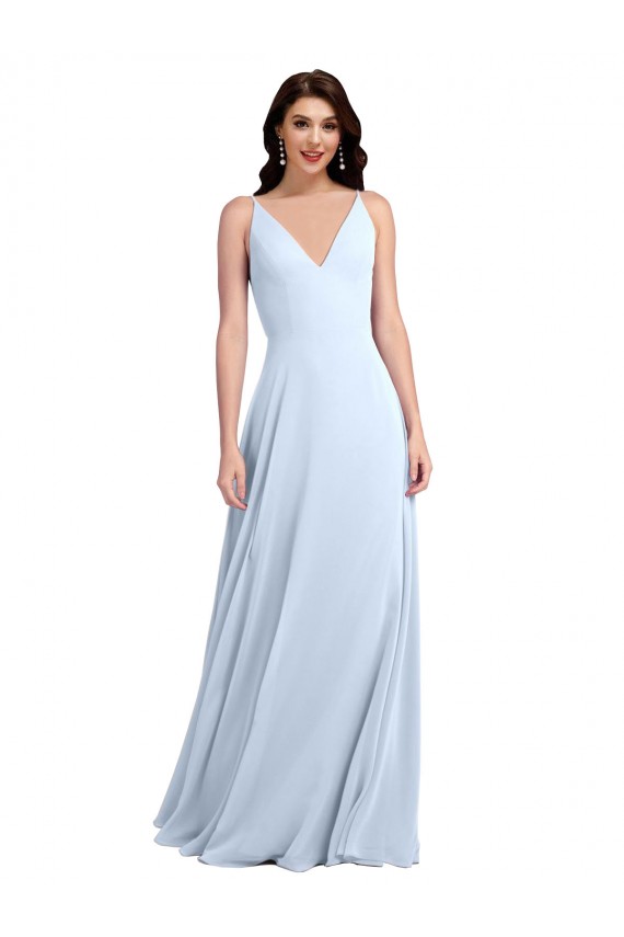 A-Line V-Neck Soft Chiffon Long Light Sky Blue Evening Dress / Bridesmaid Dress Barrie