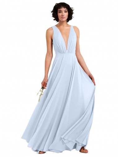 A-Line V-Neck Soft Chiffon Long Light Sky Blue Bridesmaid Dress Barrie