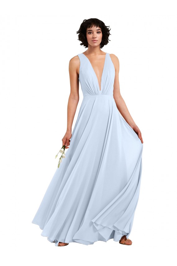 A-Line V-Neck Soft Chiffon Long Light Sky Blue Bridesmaid Dress Barrie