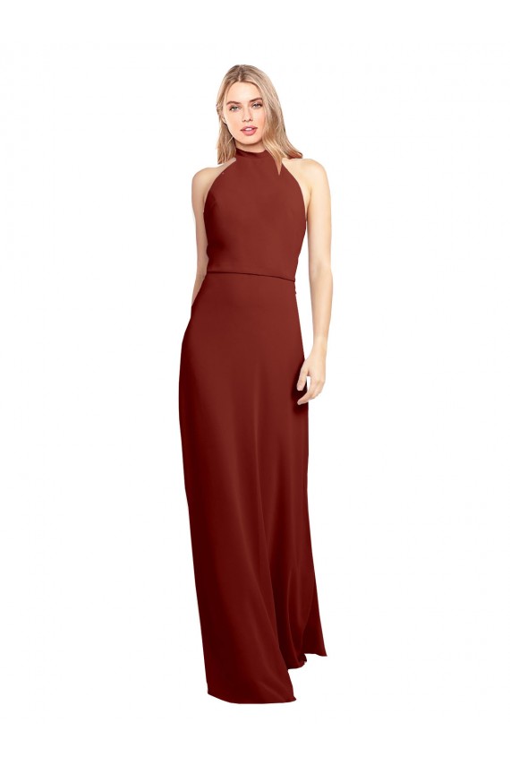 A-Line High Neck Soft Chiffon Long Burgundy Prom Dress / Bridesmaid Dress Barrie