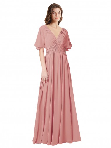 A-Line V-Neck Soft Chiffon Long Bliss Pink Bridesmaid Dress Barrie