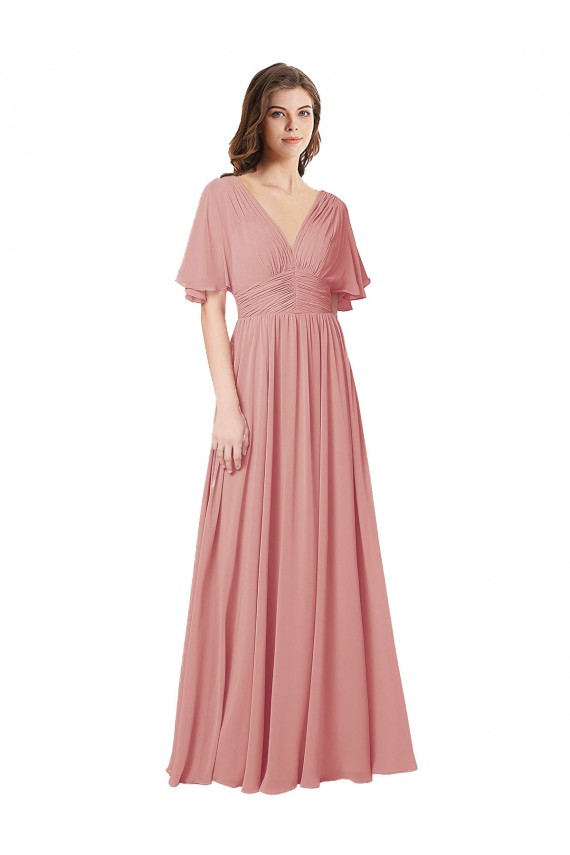 A-Line V-Neck Soft Chiffon Long Bliss Pink Bridesmaid Dress Barrie