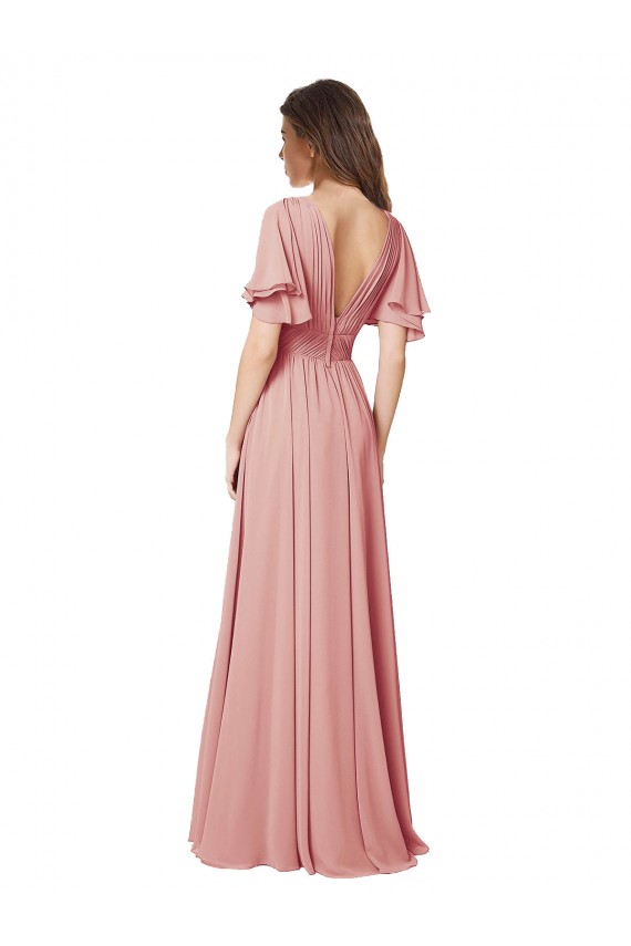 A-Line V-Neck Soft Chiffon Long Bliss Pink Bridesmaid Dress Barrie