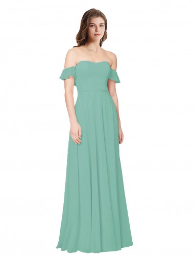 A-Line Off the Shoulder Soft Chiffon Long Jade Bridesmaid Dress Barrie