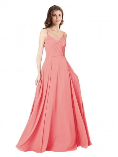 A-Line V-Neck Soft Chiffon Long Watermelon Bridesmaid Dress Barrie