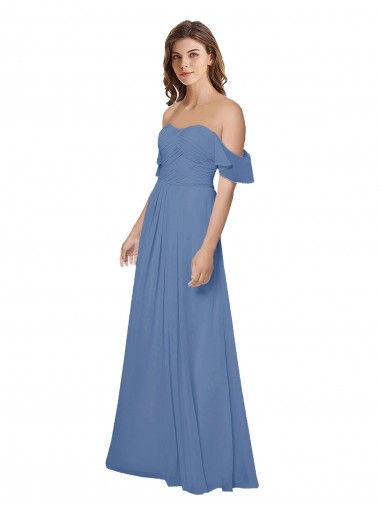 A-Line Strapless Soft Chiffon Long Windsor Blue Bridesmaid Dress Barrie