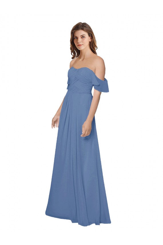 A-Line Strapless Soft Chiffon Long Windsor Blue Bridesmaid Dress Barrie