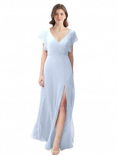 A-Line V-Neck Soft Chiffon Long Light Sky Blue Bridesmaid Dress / Formal Dress Barrie