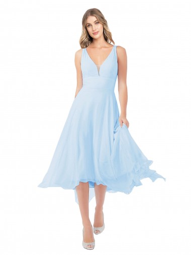 A-Line V-Neck Soft Chiffon Midi Length Light Sky Blue Bridesmaid Dress Barrie