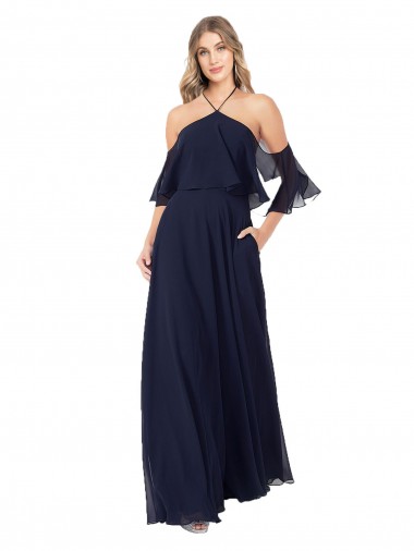 A-Line High Neck Soft Chiffon Long Dark Navy Formal Dress / Bridesmaid Dress Barrie