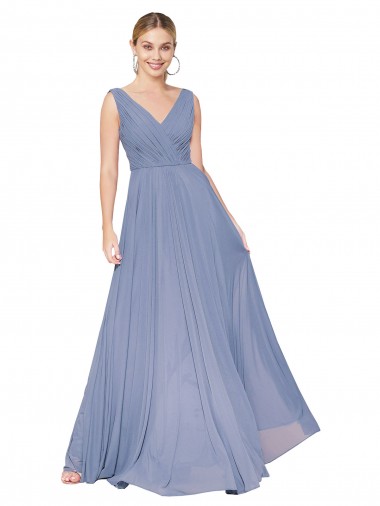 A-Line High Neck Soft Chiffon Long Dusty Blue Formal Evening Gown / Prom Dress / Bridesmaid Dress Barrie