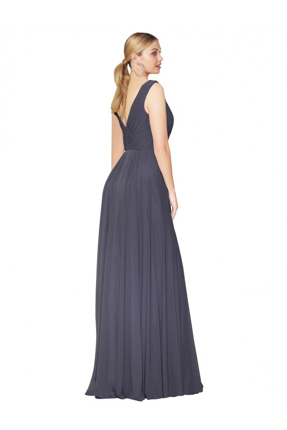 A-Line High Neck Soft Chiffon Long Dusty Blue Formal Evening Gown / Prom Dress / Bridesmaid Dress Barrie