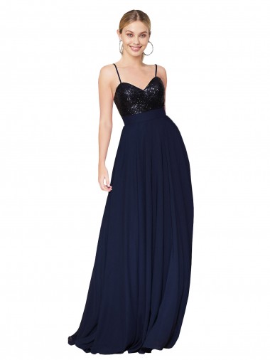 A-Line High Neck Soft Chiffon & Sequin Long Dark Navy Semi Formal Evening Dress / Prom Dress / Bridesmaid Dress Barrie