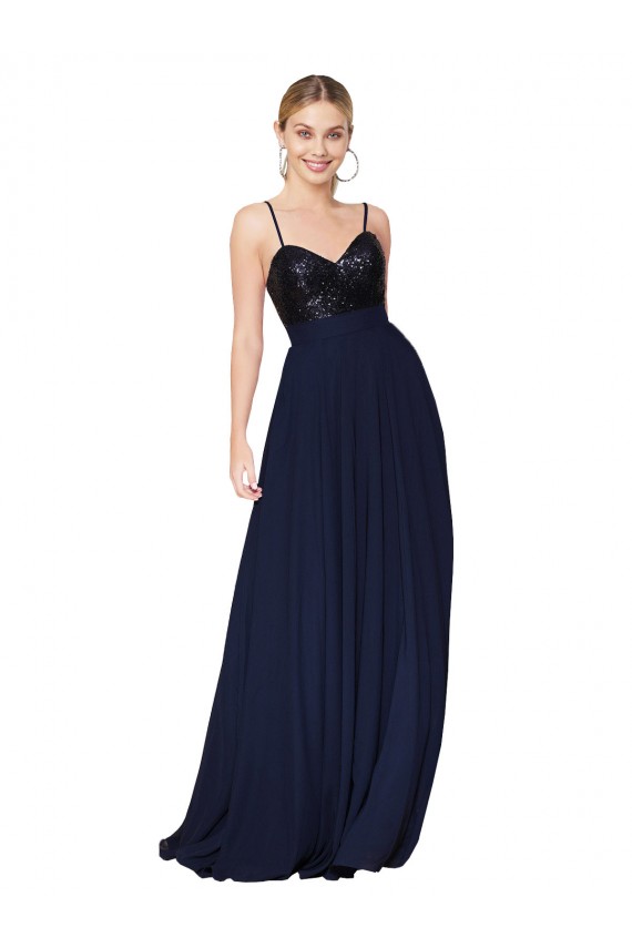 A-Line High Neck Soft Chiffon & Sequin Long Dark Navy Semi Formal Evening Dress / Prom Dress / Bridesmaid Dress Barrie