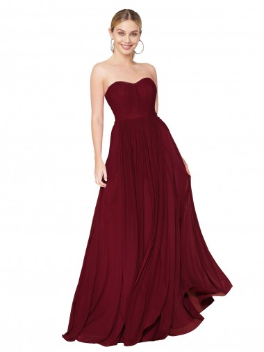 A-Line Strapless Soft Chiffon Long Burgundy Formal Evening Gown / Prom Dress / Bridesmaid Dress Barrie